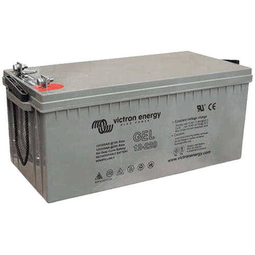 Victron 12V 220Ah gel deep cycle battery with grey casing and integrated rope carry handles