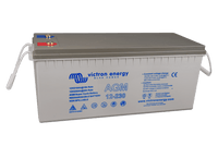Perspective view of a grey Victron 12V 230Ah AGM Super Cycle battery with rope handles and M8 terminals