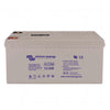 Victron 12V 240Ah AGM deep cycle battery showing copper terminals and technical specifications on grey casing