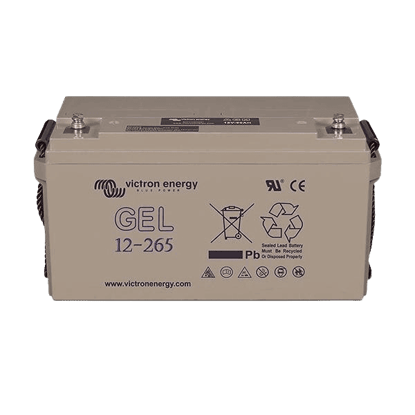 Grey Victron 12V 265Ah deep cycle gel battery with rope handles and M8 terminals