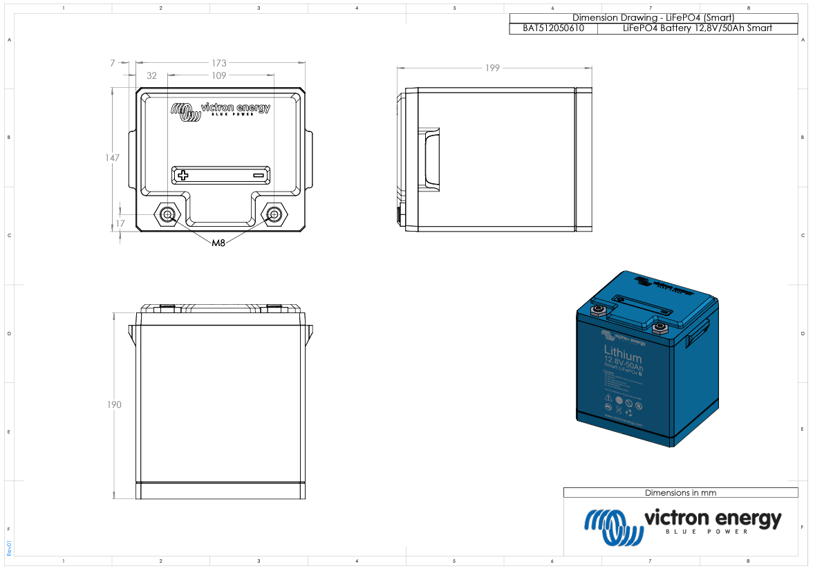 Dimensional engineering drawing of the 12V 50Ah smart lithium battery with M8 terminal specs