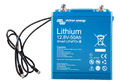 Front view of Victron 12.8V 50Ah lithium battery with M8 terminals and BMS connection cables