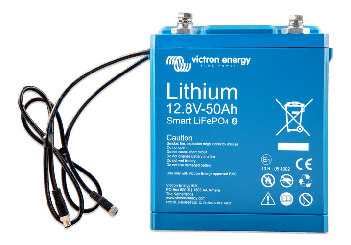 Front view of Victron 12.8V 50Ah lithium battery with M8 terminals and BMS connection cables