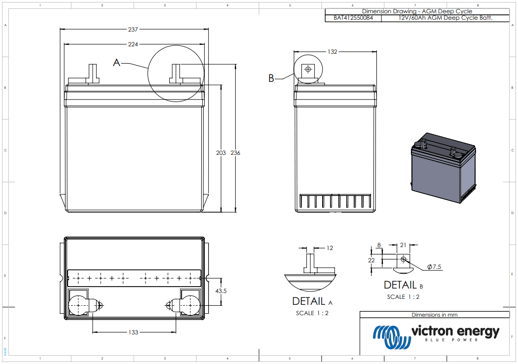 Dimensional drawing of Victron 12V 60Ah AGM battery showing technical measurements