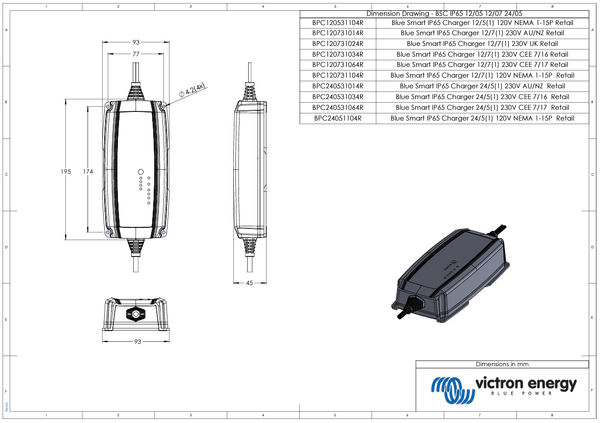 Technical dimensional drawing of Victron Blue Smart IP65 charger