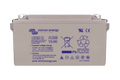 Front view of a grey Victron 12V 90Ah AGM deep cycle battery with specifications and safety icons