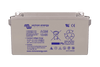 Front view of a grey Victron 12V 90Ah AGM deep cycle battery with specifications and safety icons