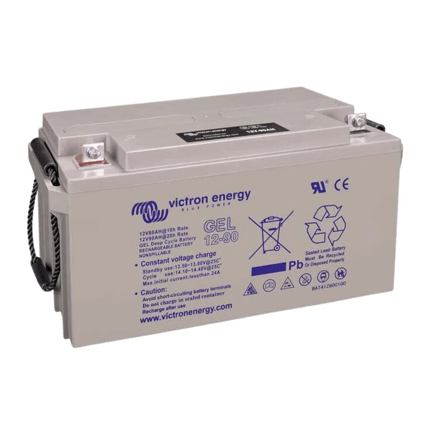 Side perspective of Victron 12V 90Ah rechargeable gel battery