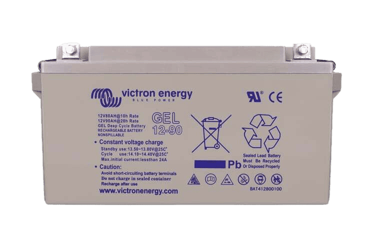 Front view of Victron 12V 90Ah gel deep cycle battery with technical specifications and bolt terminals