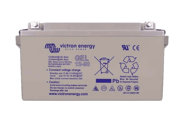 Front view of Victron 12V 90Ah gel deep cycle battery with technical specifications and bolt terminals