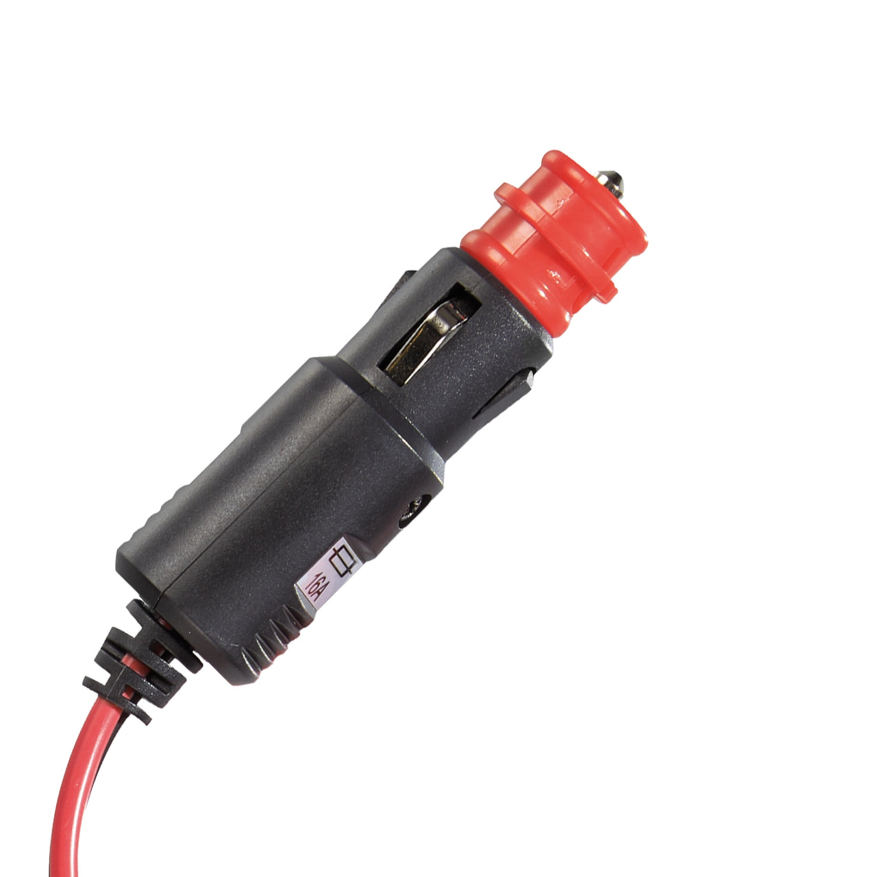 Close-up of 12V cigarette lighter plug with integrated 16A fuse label