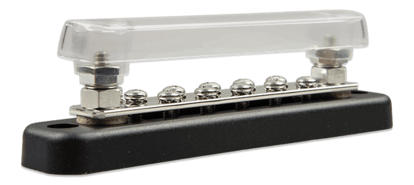 Side view of Victron 150A 2P busbar with clear protective cover and 10 terminal screws