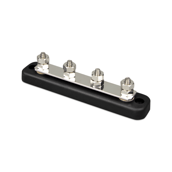 Perspective view of a 4-terminal busbar with tin-plated copper strip and stainless steel studs