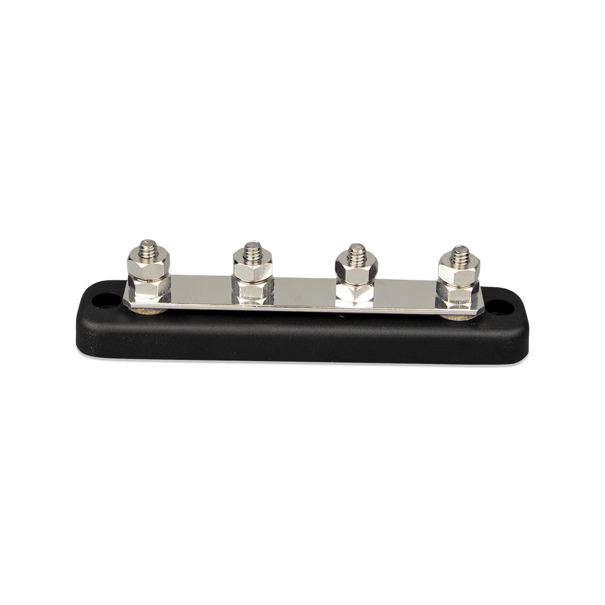 Front view of Victron 150A 4-terminal busbar without cover showing stainless steel studs