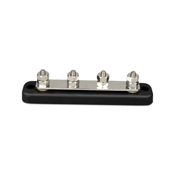 Front view of Victron 150A 4-terminal busbar without cover showing stainless steel studs
