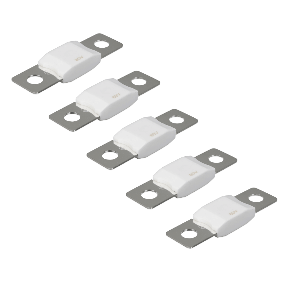 Five Victron 150A 80V MEGA fuses with white ceramic bodies and metal bolt-down terminals
