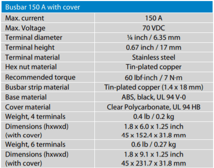 Technical specifications table for Victron 150A busbar showing electrical and material data
