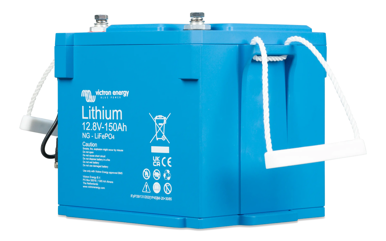 Side perspective of Victron 150Ah Smart NG battery highlighting durable blue enclosure