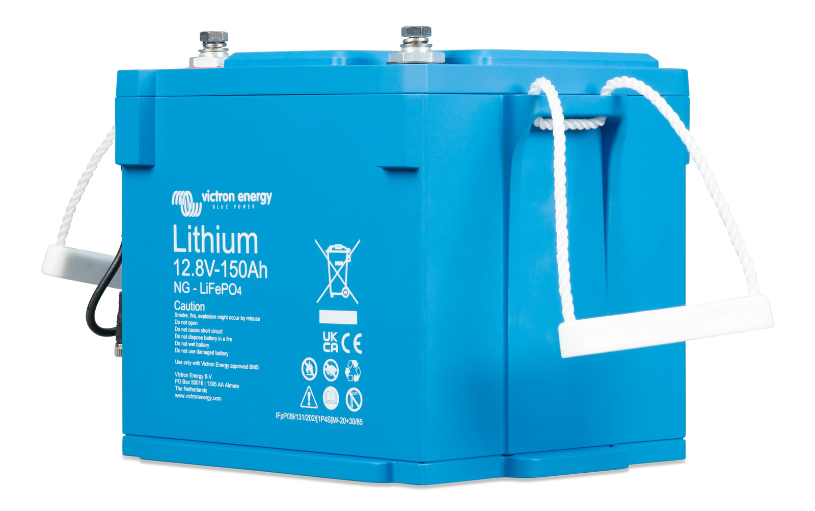 Side perspective of Victron 150Ah Smart NG battery highlighting durable blue enclosure