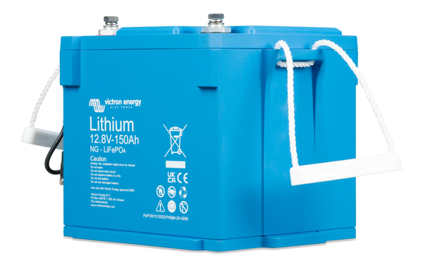 Side perspective of Victron 150Ah Smart NG battery highlighting durable blue enclosure