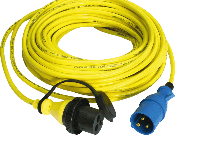 Coiled yellow 15m shore power cord with blue male plug and black female connector with dust cap
