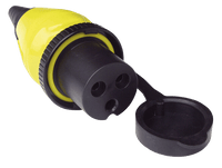 Yellow 16A shore power plug with 3-pin female connector and tethered protective cap