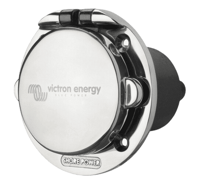 Victron 16A stainless steel shore power inlet with closed protective cover at an angle