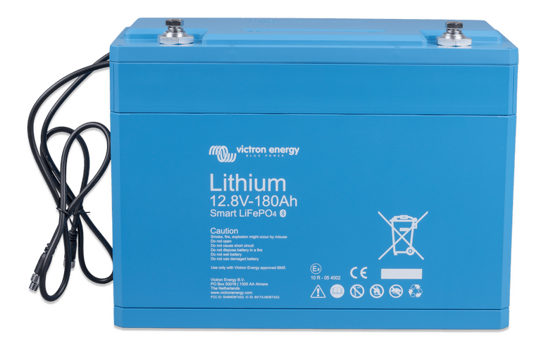 Slight high angle view of blue Victron lithium battery showing top casing and terminals