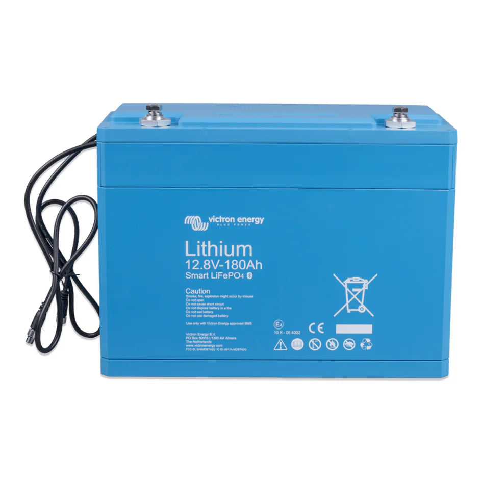 Slight high angle view of blue Victron lithium battery showing top casing and terminals