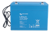 Slight high angle view of blue Victron lithium battery showing top casing and terminals