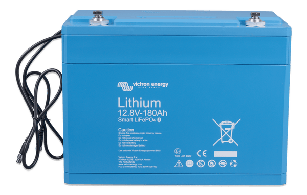 Slight high angle view of blue Victron lithium battery showing top casing and terminals
