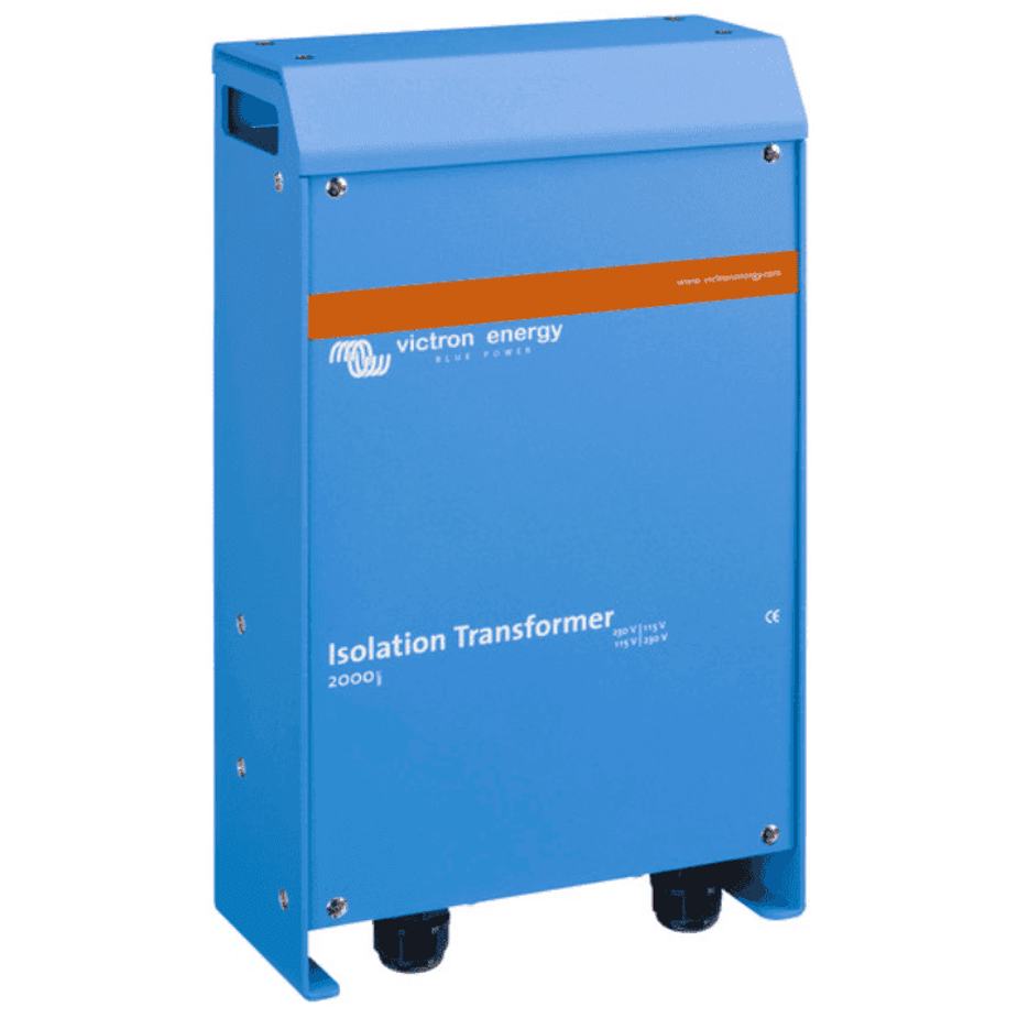 Blue Victron Isolation Transformer 2000W enclosure with front panel branding and bottom cable glands