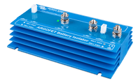 Angled view of blue 200A battery isolator showing output terminals and labels