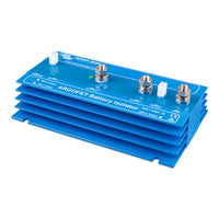 Angled view of blue 200A battery isolator showing output terminals and labels