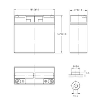 Technical diagram of the 20Ah SuperPack battery with metric dimensions and terminal details