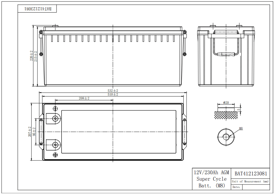Technical dimensional drawing of a 12V 230Ah battery showing side, top, and end views with metric measurements