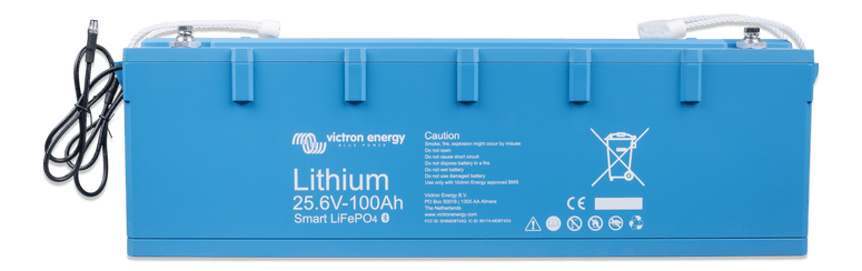 Front view of blue Victron 25.6V 100Ah Smart LiFePO4 lithium battery with M8 terminals and BMS cables