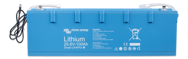 Front view of blue Victron 25.6V 100Ah Smart LiFePO4 lithium battery with M8 terminals and BMS cables