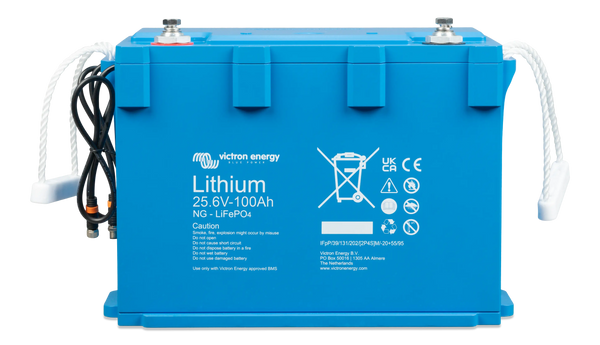 Victron 24V 100Ah Smart NG LiFePO4 lithium battery with BMS interface cables and rope handles