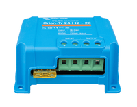 Perspective view of blue Victron converter with green terminal block and yellow blade fuse