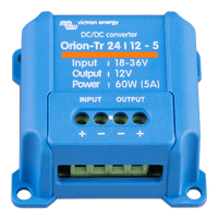 Angled view of 24V to 12V DC-DC converter showing terminal block connections
