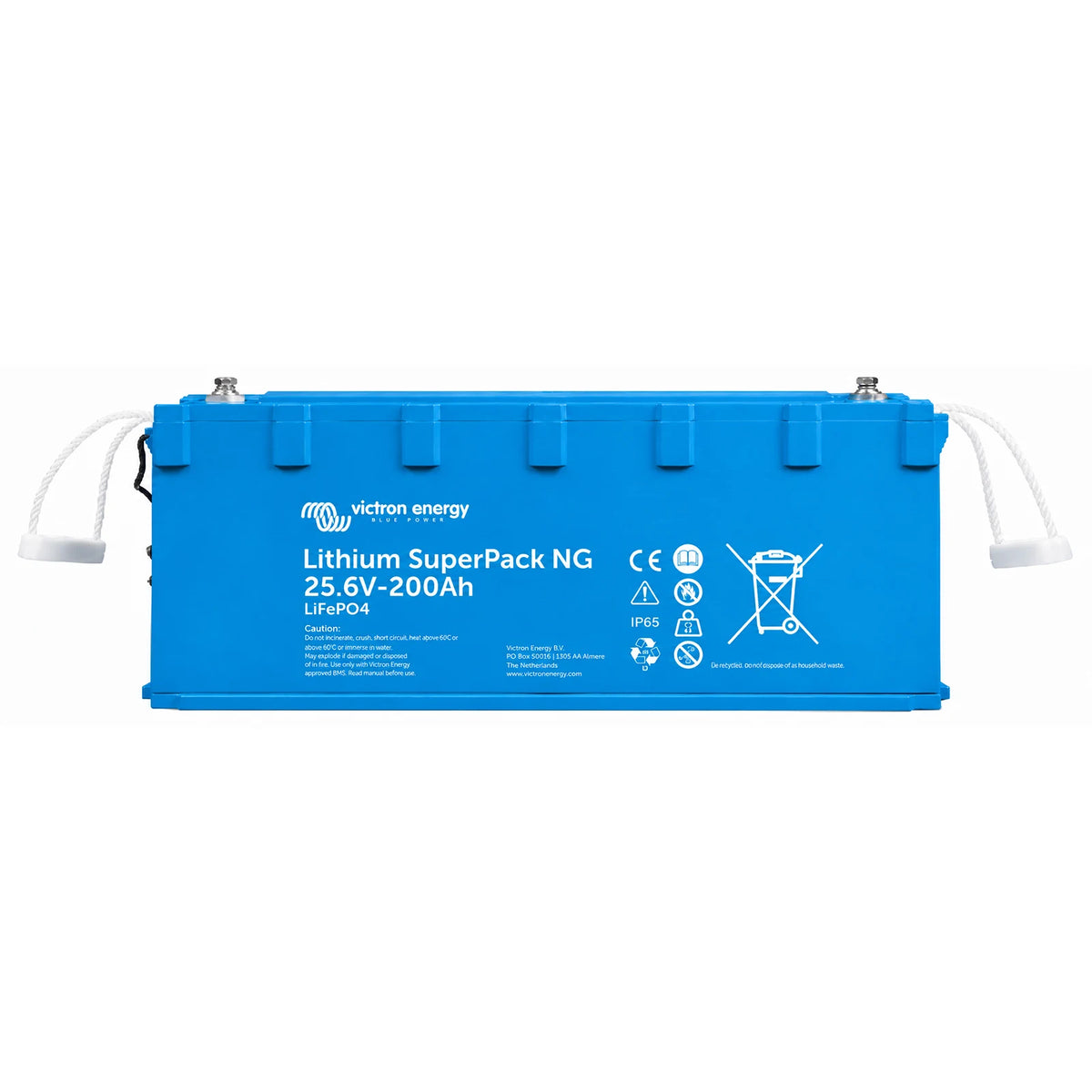 Blue Victron Lithium SuperPack NG 25.6V 200Ah battery with rope handles and top terminals
