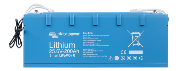 Front view of blue Victron 24V 200Ah Smart LiFePO4 battery with M8 terminals and BMS cables