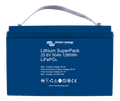 Front view of blue 24V 50Ah lithium battery with white carry strap