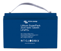 Front view of blue 24V 50Ah lithium battery with white carry strap