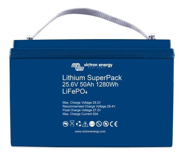 Front view of blue 24V 50Ah lithium battery with white carry strap