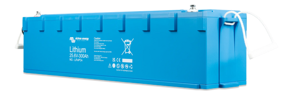 Side perspective of Victron 300Ah lithium battery showing M8 terminal and handle