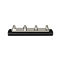 Profile view of a black 4-terminal busbar with silver-coloured studs and nuts