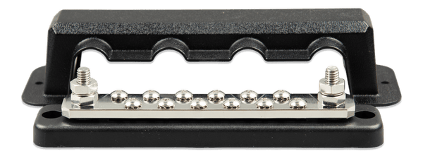 Front view of high-current 250A busbar with 12 terminals and dual 8mm studs