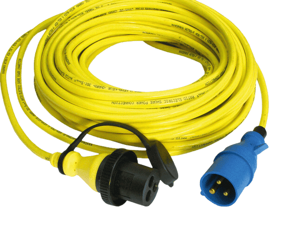 Coiled 25m yellow shore power cord with blue 16A male plug and black female connector